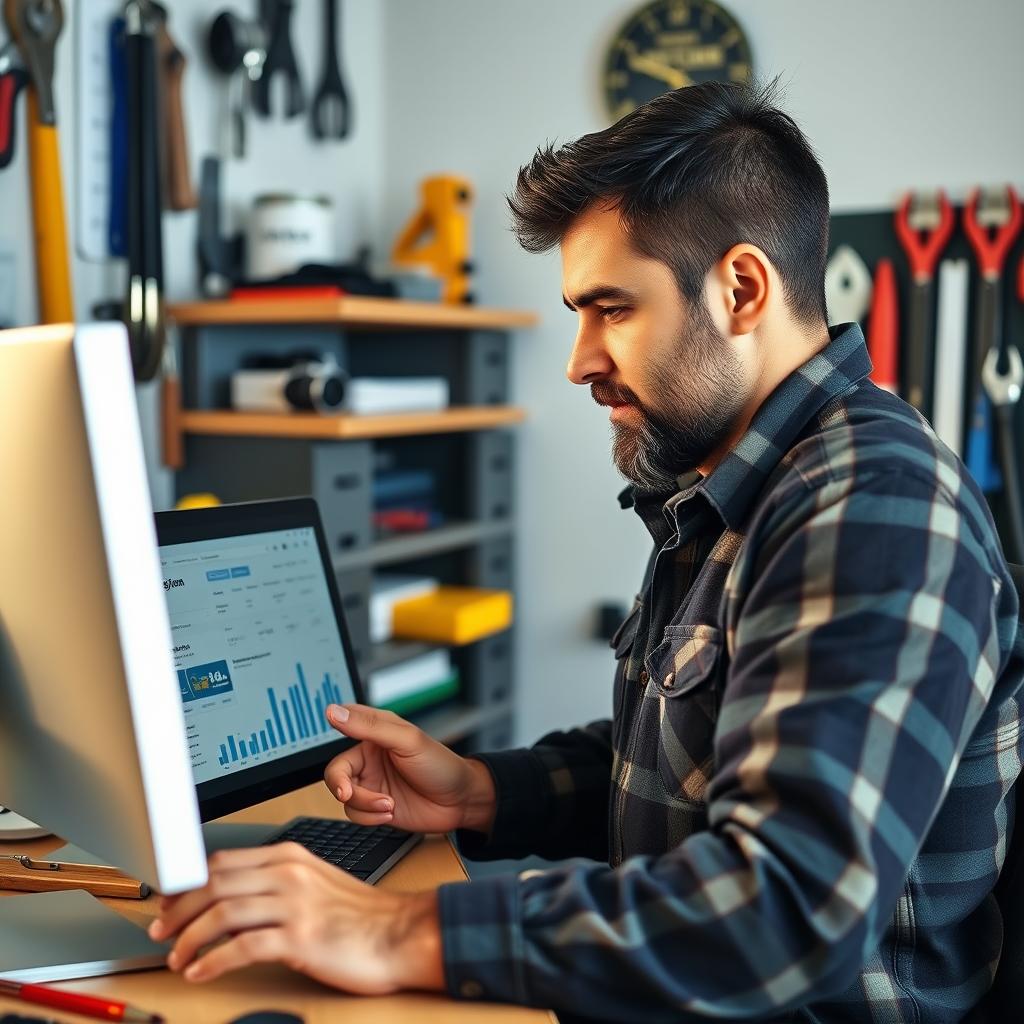Home service business owner reviewing digital marketing analytics