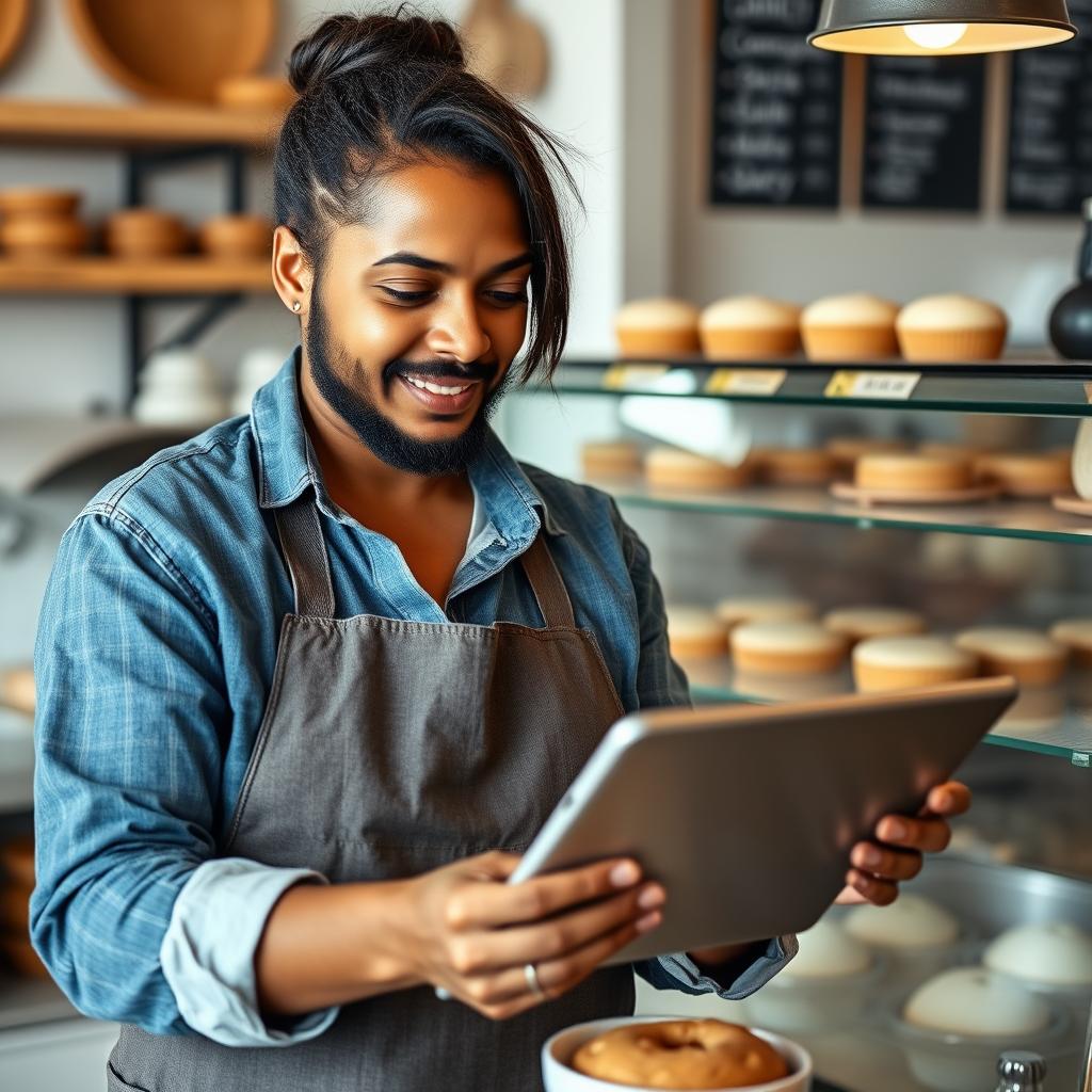 Local bakery owner using digital marketing on tablet