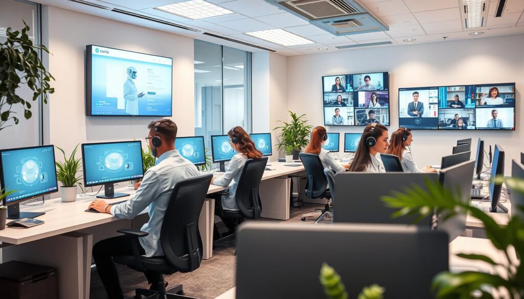 Modern call center setup 2025 with AI integration and remote agents