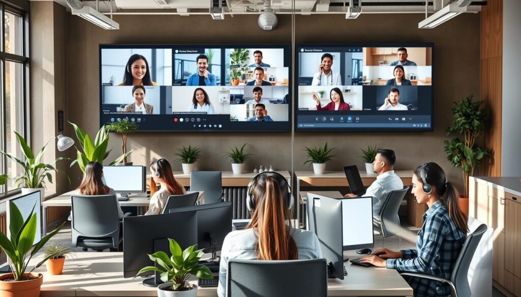 Remote and on-site call center agents collaborating in a hybrid work environment
