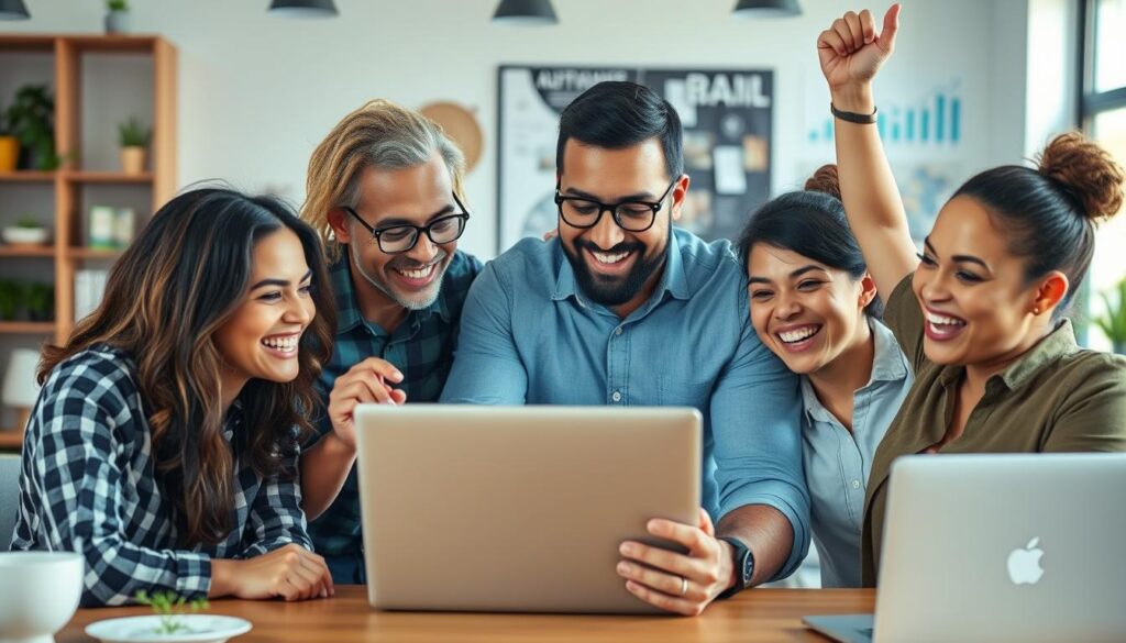 Small business owner celebrating digital marketing success