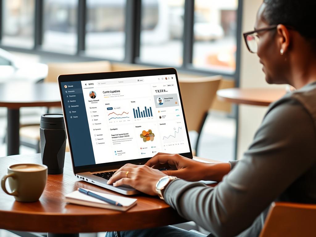 Small business owner using AI marketing tools on laptop