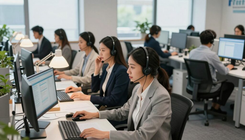 A busy outbound call center environment bustling with activity. In the foreground, a diverse group of three professionals in smart business attire are seated at modern desks clad with headsets, engaging in lively phone conversations. The middle layer showcases rows of sleek workstations equipped with computers displaying call-related data, accented by bright desk lamps providing focused lighting. In the background, large windows let in natural light, illuminating the open office layout with a vibrant, energetic atmosphere. Soft color tones are complemented by subtle hints of corporate branding on the walls. The scene conveys a sense of productivity and teamwork, embodying the dynamic world of outbound call center operations, captured from a slightly elevated angle for depth and perspective. A busy outbound call center environment bustling with activity. In the foreground, a diverse group of three professionals in smart business attire are seated at modern desks clad with headsets, engaging in lively phone conversations. The middle layer showcases rows of sleek workstations equipped with computers displaying call-related data, accented by bright desk lamps providing focused lighting. In the background, large windows let in natural light, illuminating the open office layout with a vibrant, energetic atmosphere. Soft color tones are complemented by subtle hints of corporate branding on the walls. The scene conveys a sense of productivity and teamwork, embodying the dynamic world of outbound call center operations, captured from a slightly elevated angle for depth and perspective.