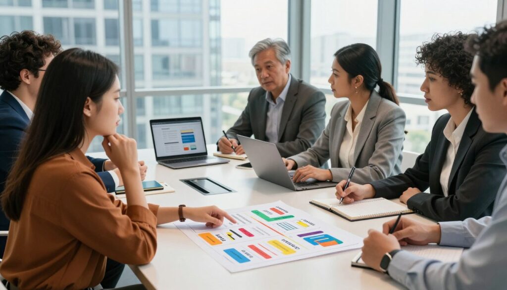 A diverse group of professionals gathered around a sleek conference table, engaged in a dynamic brainstorming session about various content formats. In the foreground, a thoughtful young woman in smart casual attire is pointing at a colorful chart displaying different content types like videos, infographics, and blogs. In the middle, a middle-aged man in a business suit is taking notes, while a diverse woman in professional attire shows an engaging presentation on a laptop screen. The background features a large window with natural light streaming in, showcasing a modern cityscape. The mood is collaborative and energetic, with warm lighting highlighting the participants' expressions as they discuss strategies to attract potential customers. A diverse group of professionals gathered around a sleek conference table, engaged in a dynamic brainstorming session about various content formats. In the foreground, a thoughtful young woman in smart casual attire is pointing at a colorful chart displaying different content types like videos, infographics, and blogs. In the middle, a middle-aged man in a business suit is taking notes, while a diverse woman in professional attire shows an engaging presentation on a laptop screen. The background features a large window with natural light streaming in, showcasing a modern cityscape. The mood is collaborative and energetic, with warm lighting highlighting the participants' expressions as they discuss strategies to attract potential customers.