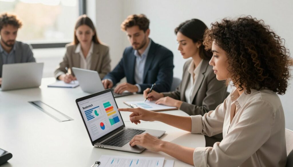 A diverse team of professionals engaged in audience research, seated around a modern conference table. In the foreground, a woman with curly hair in a smart blouse points to a colorful infographic displayed on a laptop screen, illustrating audience demographics and preferences. The middle layer features colleagues, including a man in a suit and another woman in business casual attire, analyzing charts and notes, fostering a collaborative atmosphere. In the background, large windows let in warm, natural light, casting soft shadows and creating a bright, inviting environment. The overall mood is focused and dynamic, capturing the essence of strategic planning to enhance content marketing effectiveness. A diverse team of professionals engaged in audience research, seated around a modern conference table. In the foreground, a woman with curly hair in a smart blouse points to a colorful infographic displayed on a laptop screen, illustrating audience demographics and preferences. The middle layer features colleagues, including a man in a suit and another woman in business casual attire, analyzing charts and notes, fostering a collaborative atmosphere. In the background, large windows let in warm, natural light, casting soft shadows and creating a bright, inviting environment. The overall mood is focused and dynamic, capturing the essence of strategic planning to enhance content marketing effectiveness.