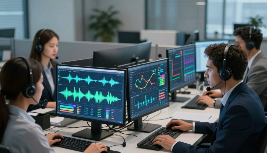 A dynamic and high-tech scene depicting a contact center environment focused on voice sentiment analysis. In the foreground, a diverse group of three professionals in modern business attire, analyzing sound waves and visual data on sleek screens, their expressions showing concentration. In the middle ground, digital displays showcase colorful graphs and sentiment indicators, with vibrant lines representing positive and negative emotions. The background features blurred office cubicles and soft ambient lighting, suggesting an energetic yet calm atmosphere. The overall color palette incorporates blues and greens, emphasizing technology and clarity. The scene is shot from a slightly elevated angle, creating a sense of engagement and focus on the analytics being performed.