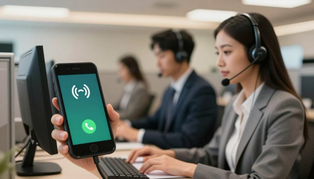 A dynamic call center scene capturing the essence of incoming calls. In the foreground, a close-up view of a sleek, modern phone displaying a bright incoming call notification with a ringing icon. In the middle ground, two customer service representatives in smart professional attire are attentively focused on their work, with one wearing a headset and the other typing notes on a computer. The background features a blurred view of call center cubicles, illuminated by soft, overhead lights that create a warm and inviting atmosphere. The framing is slightly angled to suggest movement and urgency, with a bokeh effect enhancing the sense of depth. Overall, the mood is professional and energetic, emphasizing speed and efficiency in customer service.