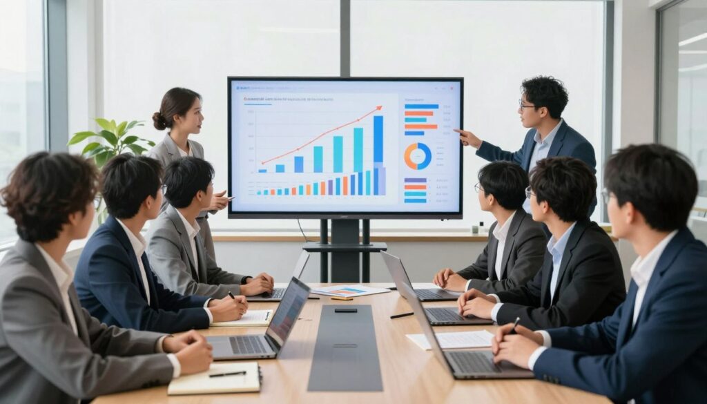A dynamic office setting that conveys the essence of content marketing. In the foreground, a diverse group of professionals, dressed in smart business attire, engages in a brainstorming session around a sleek conference table filled with laptops, notepads, and creative materials. In the middle ground, a large digital screen displays vibrant graphs and data analytics, illustrating growth and engagement metrics. The background features a bright, modern office space with large windows allowing natural light to fill the scene, creating an optimistic and productive atmosphere. Soft shadows enhance the depth, captured with a wide-angle lens, emphasizing the teamwork and collaborative spirit in the room. The mood is energetic and focused, showcasing the importance of content marketing for contemporary US businesses. A dynamic office setting that conveys the essence of content marketing. In the foreground, a diverse group of professionals, dressed in smart business attire, engages in a brainstorming session around a sleek conference table filled with laptops, notepads, and creative materials. In the middle ground, a large digital screen displays vibrant graphs and data analytics, illustrating growth and engagement metrics. The background features a bright, modern office space with large windows allowing natural light to fill the scene, creating an optimistic and productive atmosphere. Soft shadows enhance the depth, captured with a wide-angle lens, emphasizing the teamwork and collaborative spirit in the room. The mood is energetic and focused, showcasing the importance of content marketing for contemporary US businesses.