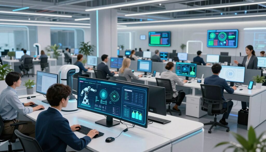 A futuristic call center environment showcasing automation systems in action. In the foreground, a sleek, modern "digital worker" interface with glowing screens displaying real-time analytics and robotic process automation (RPA) workflows. The middle ground features diverse professionals in smart business attire collaborating at high-tech workstations, analyzing data and engaging with virtual assistants. The background reveals a spacious, open-plan office with high ceilings, incorporating advanced technology like holographic displays and AI-driven tools. Bright, diffused lighting creates a vibrant, optimistic atmosphere, accentuated by a mix of blue and green tones. The scene is captured from a slightly elevated angle, emphasizing the interconnectedness of technology and human workers in this progressive workspace. A futuristic call center environment showcasing automation systems in action. In the foreground, a sleek, modern "digital worker" interface with glowing screens displaying real-time analytics and robotic process automation (RPA) workflows. The middle ground features diverse professionals in smart business attire collaborating at high-tech workstations, analyzing data and engaging with virtual assistants. The background reveals a spacious, open-plan office with high ceilings, incorporating advanced technology like holographic displays and AI-driven tools. Bright, diffused lighting creates a vibrant, optimistic atmosphere, accentuated by a mix of blue and green tones. The scene is captured from a slightly elevated angle, emphasizing the interconnectedness of technology and human workers in this progressive workspace.