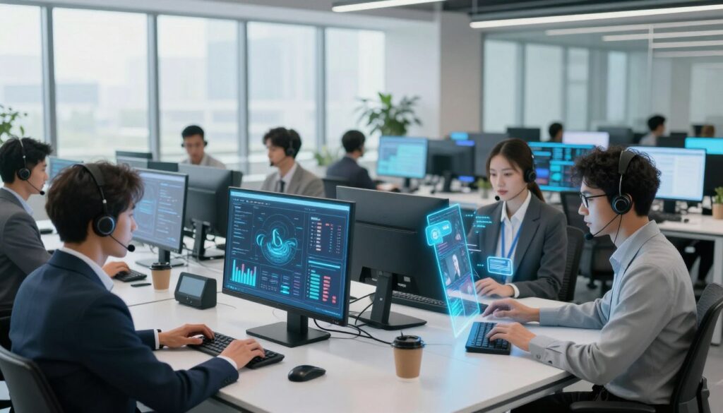 A futuristic call center scene where AI technology enhances support quality and agent effectiveness. In the foreground, a diverse group of agents in professional business attire interacts with advanced holographic interfaces displaying data analytics and customer interactions. The middle layer features sleek AI-driven software, represented by glowing screens with graphs and chatbot icons. The background showcases a modern office environment with large windows, letting in bright, natural light, and highlighting the tech-savvy ambiance. Utilize a wide-angle lens perspective to capture the dynamic interaction between agents and AI tools. The atmosphere is professional yet innovative, emphasizing collaboration and efficiency, with a focus on technology's role in improving customer service. A futuristic call center scene where AI technology enhances support quality and agent effectiveness. In the foreground, a diverse group of agents in professional business attire interacts with advanced holographic interfaces displaying data analytics and customer interactions. The middle layer features sleek AI-driven software, represented by glowing screens with graphs and chatbot icons. The background showcases a modern office environment with large windows, letting in bright, natural light, and highlighting the tech-savvy ambiance. Utilize a wide-angle lens perspective to capture the dynamic interaction between agents and AI tools. The atmosphere is professional yet innovative, emphasizing collaboration and efficiency, with a focus on technology's role in improving customer service.