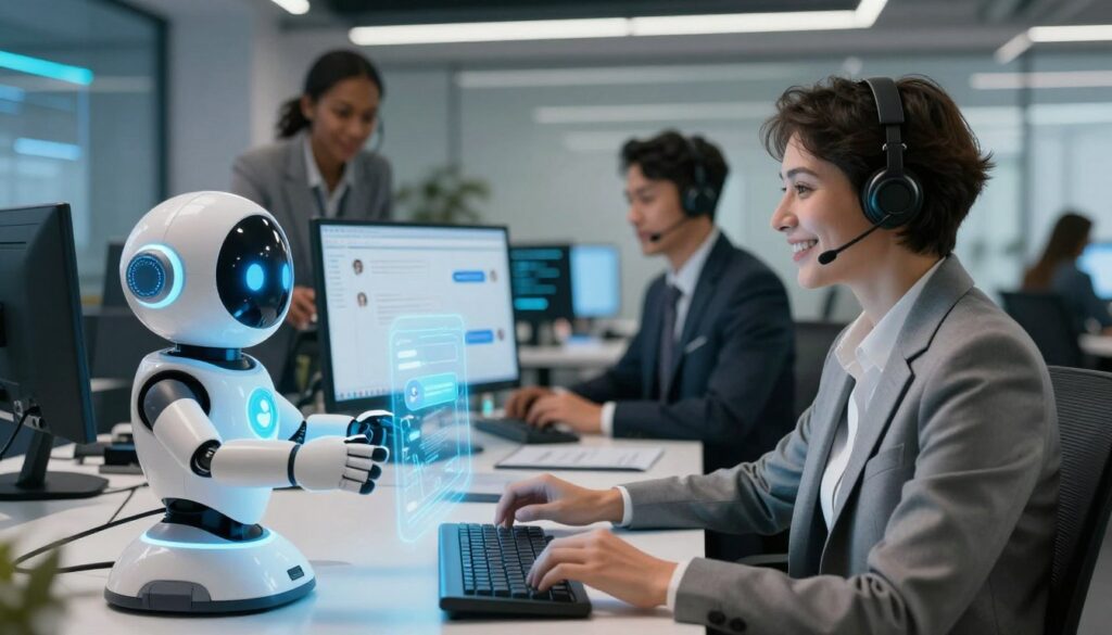 A futuristic customer service environment showcasing the role of AI chatbots and virtual agents. In the foreground, a friendly AI chatbot displayed as a holographic interface, interacting with a satisfied customer seated at a sleek desk, both smiling. In the middle ground, a diverse team of human agents in professional business attire, monitoring screens that display chatbot conversations, showcasing a collaborative atmosphere. The background features a modern office space, with high-tech interfaces and ambient lighting that creates a professional yet inviting vibe. Use soft, balanced lighting to emphasize the interaction, focusing on faces to convey warmth and engagement. The angle should be slightly elevated, capturing the dynamic between technology and human support in customer service.