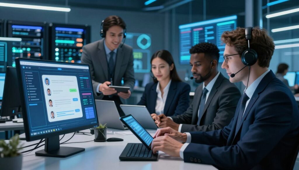 A futuristic customer support environment showcasing key AI technologies. In the foreground, a sleek computer screen displays an active chatbot interface with dynamic visual elements, emphasizing user interaction. The middle features a diverse group of professionals in business attire collaborating, analyzing data on tablets and discussing insights, symbolizing the synergy between human agents and AI. The background depicts an advanced tech infrastructure with glowing server racks and digital dashboards, creating a high-tech atmosphere. Soft, ambient lighting highlights the scene, while a wide-angle lens captures the collaborative spirit. The overall mood is innovative and optimistic, reflecting the transformative impact of AI in modern support systems.