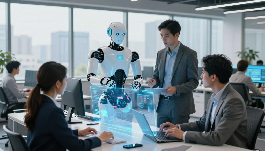A futuristic office environment showcasing agent assist technology in action. In the foreground, a diverse team of three professionals—two men and one woman—dressed in business attire are engaged in an advanced collaborative workspace, analyzing data on interactive holographic screens that emit a soft blue glow. In the middle, a sleek robotic assistant, designed with smooth lines and a friendly interface, provides real-time insights and suggestions. The background features large windows with cityscape views, bathed in natural light, enhancing the open atmosphere. The overall mood is dynamic and productive, with a sense of innovation and teamwork, captured from a slightly elevated angle to emphasize both the human elements and the technology seamlessly integrated into the workspace. A futuristic office environment showcasing agent assist technology in action. In the foreground, a diverse team of three professionals—two men and one woman—dressed in business attire are engaged in an advanced collaborative workspace, analyzing data on interactive holographic screens that emit a soft blue glow. In the middle, a sleek robotic assistant, designed with smooth lines and a friendly interface, provides real-time insights and suggestions. The background features large windows with cityscape views, bathed in natural light, enhancing the open atmosphere. The overall mood is dynamic and productive, with a sense of innovation and teamwork, captured from a slightly elevated angle to emphasize both the human elements and the technology seamlessly integrated into the workspace.