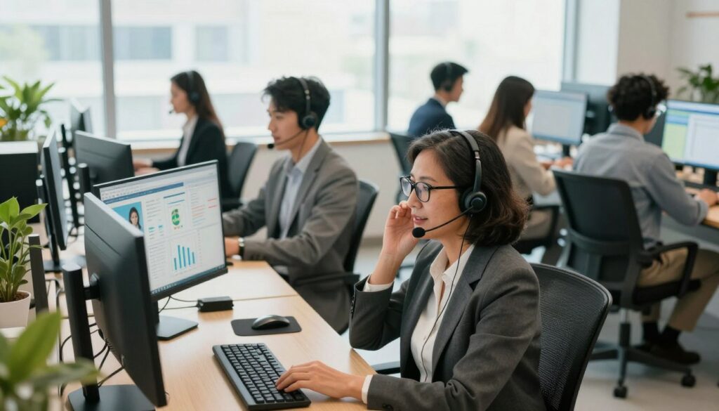 A modern call center environment, featuring a diverse group of professionals in smart business attire engaged in conversations. In the foreground, a middle-aged woman with glasses is attentively speaking on a headset, while a young man beside her analyzes data on a computer. In the middle ground, other team members are collaborating at desks with dual monitors displaying charts and customer service software. The background shows large windows letting in bright natural light, creating a vibrant atmosphere. Use a wide-angle perspective to capture the entire scene. The lighting should be warm and inviting, emphasizing a productive yet friendly work environment. The overall mood is focused and dynamic, conveying the importance of efficient call center services that can be outsourced. A modern call center environment, featuring a diverse group of professionals in smart business attire engaged in conversations. In the foreground, a middle-aged woman with glasses is attentively speaking on a headset, while a young man beside her analyzes data on a computer. In the middle ground, other team members are collaborating at desks with dual monitors displaying charts and customer service software. The background shows large windows letting in bright natural light, creating a vibrant atmosphere. Use a wide-angle perspective to capture the entire scene. The lighting should be warm and inviting, emphasizing a productive yet friendly work environment. The overall mood is focused and dynamic, conveying the importance of efficient call center services that can be outsourced.