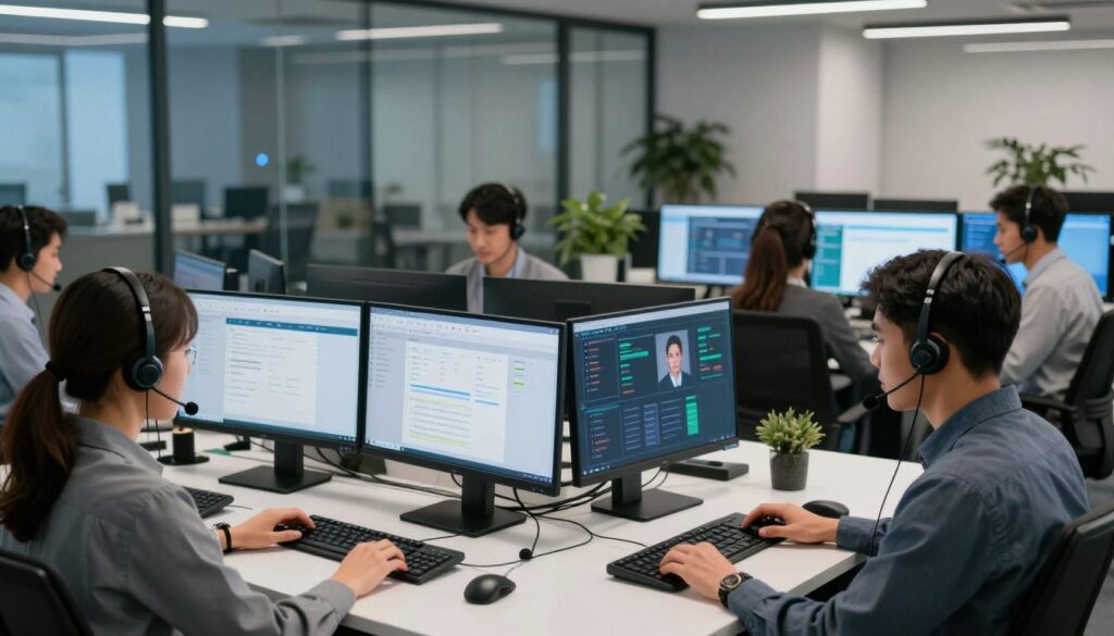 A modern call center environment featuring telephony integration technology. In the foreground, a diverse group of customer service representatives are engaged with headsets, working at sleek desks with dual monitors showing CRM software alongside call management interfaces. In the middle, large screens display real-time analytics and call data, creating a dynamic atmosphere. The background showcases a contemporary office with glass partitions, soft blue lighting, and plants for a calm vibe. The angle should be slightly elevated, providing a comprehensive view of the workspace while emphasizing teamwork and efficiency. The mood is professional and focused, highlighting the synergy between customer service and technology.