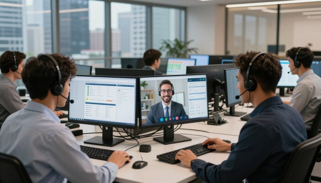 A modern call center environment filled with advanced technology. In the foreground, a diverse group of three professional agents, one wearing a headset, engaged in a video call, showcasing teamwork and communication. The middle ground features sleek desks equipped with multiple monitors displaying call metrics and analytics, alongside a high-tech touchscreen interface. In the background, large glass windows let in natural light, revealing a bustling city skyline, symbolizing connectivity. The scene is vibrant and energetic, illuminated by warm, soft lighting to evoke a sense of professionalism and collaboration. The composition captures the essence of essential call center software features, including user-friendly interfaces and real-time data access, creating an inviting atmosphere for 2026 buyers. A modern call center environment filled with advanced technology. In the foreground, a diverse group of three professional agents, one wearing a headset, engaged in a video call, showcasing teamwork and communication. The middle ground features sleek desks equipped with multiple monitors displaying call metrics and analytics, alongside a high-tech touchscreen interface. In the background, large glass windows let in natural light, revealing a bustling city skyline, symbolizing connectivity. The scene is vibrant and energetic, illuminated by warm, soft lighting to evoke a sense of professionalism and collaboration. The composition captures the essence of essential call center software features, including user-friendly interfaces and real-time data access, creating an inviting atmosphere for 2026 buyers.