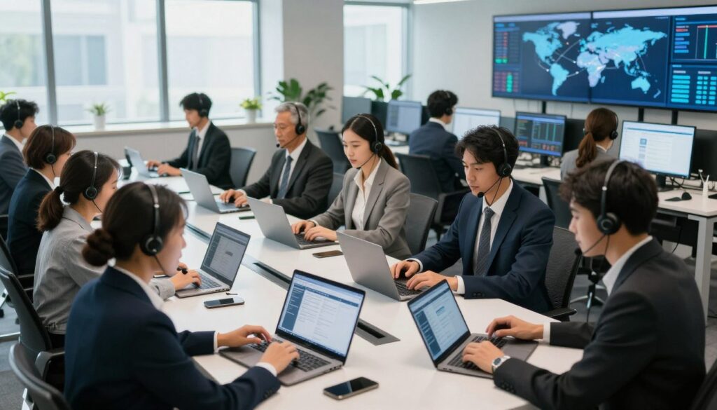 A modern call center environment illustrating the concept of outsourcing. In the foreground, a diverse group of professionals in business attire collaborate around a sleek, high-tech conference table, examining laptops and tablets displaying software dashboards. The middle ground features a row of call center agents engaged in discussions, using headsets, surrounded by advanced communication equipment. The background showcases a vibrant office space with screens displaying global connectivity maps and analytics data, symbolizing technology integration in outsourcing. Soft, natural lighting streams through large windows, creating a bright and engaging atmosphere, while a wide-angle lens captures the bustling activity and teamwork. The overall mood is dynamic and focused, emphasizing the importance of technology in successful call center outsourcing. A modern call center environment illustrating the concept of outsourcing. In the foreground, a diverse group of professionals in business attire collaborate around a sleek, high-tech conference table, examining laptops and tablets displaying software dashboards. The middle ground features a row of call center agents engaged in discussions, using headsets, surrounded by advanced communication equipment. The background showcases a vibrant office space with screens displaying global connectivity maps and analytics data, symbolizing technology integration in outsourcing. Soft, natural lighting streams through large windows, creating a bright and engaging atmosphere, while a wide-angle lens captures the bustling activity and teamwork. The overall mood is dynamic and focused, emphasizing the importance of technology in successful call center outsourcing.