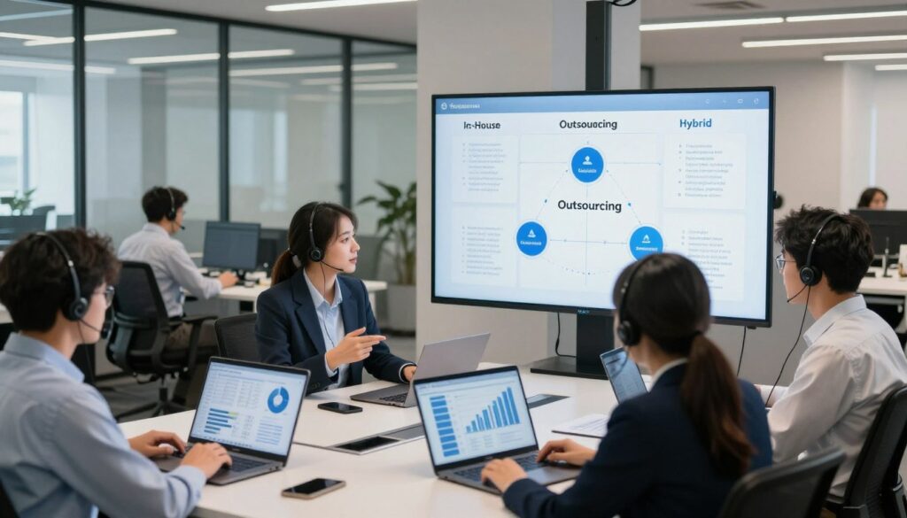 A modern call center environment illustrating various engagement models and delivery options. In the foreground, professional-looking individuals in business attire are engaged in discussions, analyzing charts and graphs on laptops. In the middle, a large interactive digital screen displays engagement model diagrams with clear categories like "In-House," "Outsourcing," and "Hybrid" in an organized layout. The background shows a sleek, open office space with glass partitions, ergonomic desks, and call agents communicating through headsets. Soft, natural lighting illuminates the space, creating a productive atmosphere. The angle captures a dynamic perspective, emphasizing collaboration and technology, reflecting an upbeat and engaging mood. A modern call center environment illustrating various engagement models and delivery options. In the foreground, professional-looking individuals in business attire are engaged in discussions, analyzing charts and graphs on laptops. In the middle, a large interactive digital screen displays engagement model diagrams with clear categories like "In-House," "Outsourcing," and "Hybrid" in an organized layout. The background shows a sleek, open office space with glass partitions, ergonomic desks, and call agents communicating through headsets. Soft, natural lighting illuminates the space, creating a productive atmosphere. The angle captures a dynamic perspective, emphasizing collaboration and technology, reflecting an upbeat and engaging mood.