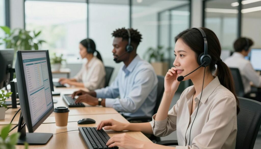 A modern call center environment, showcasing a diverse group of professional agents engaged in conversation on headsets. In the foreground, a focused female agent of Asian descent discusses a call confidently, while in the middle, a male agent of Black descent reviews performance metrics on a large monitor. The background features a bright, open office with minimalistic desks, greenery, and glass walls allowing natural sunlight to flood the space, creating an inviting atmosphere. Soft lighting enhances the professionalism, with lens focus on the agents portraying determination and collaboration. The scene captures a sense of teamwork and efficiency, emphasizing the importance of first call resolution in a vibrant and productive call center.