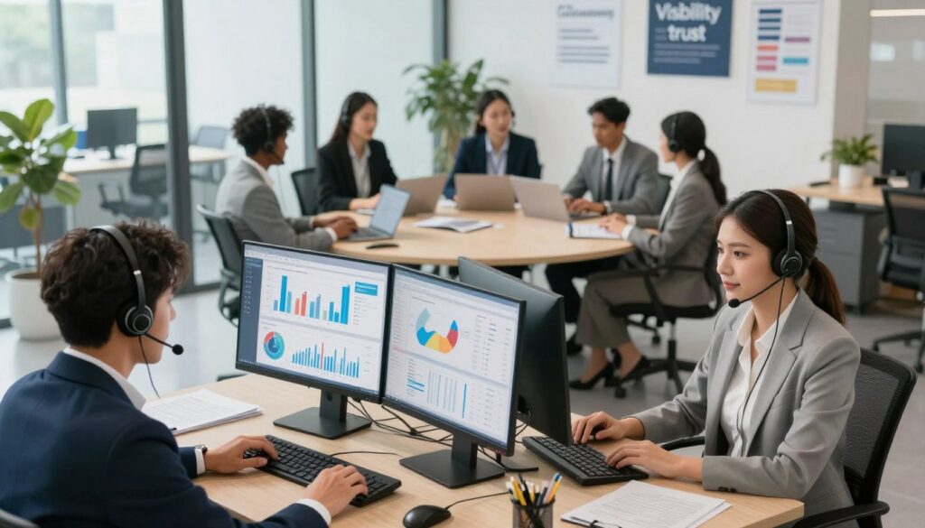 A modern call center environment showcasing a diverse group of professionals wearing professional business attire, engaged in communication and collaboration. In the foreground, a focused agent is using a headset while analyzing data on dual computer screens displaying graphs and analytics related to SEO metrics. The middle ground features several colleagues discussing strategies around a round table, with laptops and documents scattered about. The background shows a bright, open office space with glass partitions, greenery, and motivational posters on the wall emphasizing visibility and trust. The lighting is bright and natural, creating an uplifting mood. The angle is slightly elevated, providing a comprehensive view of the interactive and dynamic work environment, symbolizing the importance of call center SEO in lead generation and visibility. A modern call center environment showcasing a diverse group of professionals wearing professional business attire, engaged in communication and collaboration. In the foreground, a focused agent is using a headset while analyzing data on dual computer screens displaying graphs and analytics related to SEO metrics. The middle ground features several colleagues discussing strategies around a round table, with laptops and documents scattered about. The background shows a bright, open office space with glass partitions, greenery, and motivational posters on the wall emphasizing visibility and trust. The lighting is bright and natural, creating an uplifting mood. The angle is slightly elevated, providing a comprehensive view of the interactive and dynamic work environment, symbolizing the importance of call center SEO in lead generation and visibility.