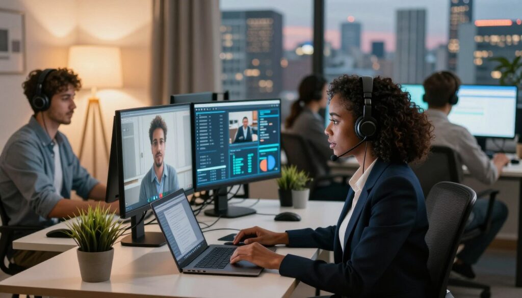 A modern call center environment showcasing a diverse team of remote agents working from different locations. In the foreground, a Black woman in professional business attire is engaged in a video call, sitting at her home office desk, which features a laptop, headphones, and a potted plant. To her left, a Caucasian man in smart casual wear is visible on a split-screen home office setup, balanced with a warm lamp emitting soft light. The middle ground includes an array of virtual screens displaying various data analytics and customer interactions, reflecting high-tech communication tools. In the background, a vibrant city skyline can be seen through a window, symbolizing connectivity. The atmosphere is focused and collaborative, with warm lighting creating an inviting and productive mood. A modern call center environment showcasing a diverse team of remote agents working from different locations. In the foreground, a Black woman in professional business attire is engaged in a video call, sitting at her home office desk, which features a laptop, headphones, and a potted plant. To her left, a Caucasian man in smart casual wear is visible on a split-screen home office setup, balanced with a warm lamp emitting soft light. The middle ground includes an array of virtual screens displaying various data analytics and customer interactions, reflecting high-tech communication tools. In the background, a vibrant city skyline can be seen through a window, symbolizing connectivity. The atmosphere is focused and collaborative, with warm lighting creating an inviting and productive mood.