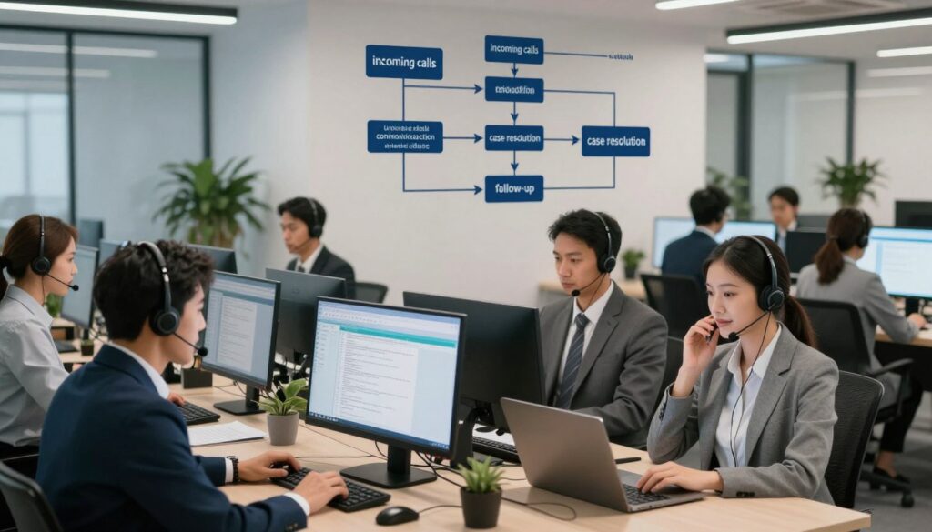 A modern call center environment, showcasing an organized communication flow. In the foreground, a diverse group of professional agents wearing business attire are attentively engaged in conversations, wearing headsets, and focused on computer screens filled with call logs. The middle layer features a large digital flowchart on the wall illustrating the steps of inbound and outbound communication processes, such as "incoming calls," "customer interaction," "case resolution," and "follow-up." In the background, a sleek, open-space office with soft lighting that creates a calm and productive atmosphere, accented by potted plants. The scene is dynamic, capturing the essence of teamwork and efficiency in a vibrant call center setting, shot with a slightly wide angle to encompass the entire space. A modern call center environment, showcasing an organized communication flow. In the foreground, a diverse group of professional agents wearing business attire are attentively engaged in conversations, wearing headsets, and focused on computer screens filled with call logs. The middle layer features a large digital flowchart on the wall illustrating the steps of inbound and outbound communication processes, such as "incoming calls," "customer interaction," "case resolution," and "follow-up." In the background, a sleek, open-space office with soft lighting that creates a calm and productive atmosphere, accented by potted plants. The scene is dynamic, capturing the essence of teamwork and efficiency in a vibrant call center setting, shot with a slightly wide angle to encompass the entire space.