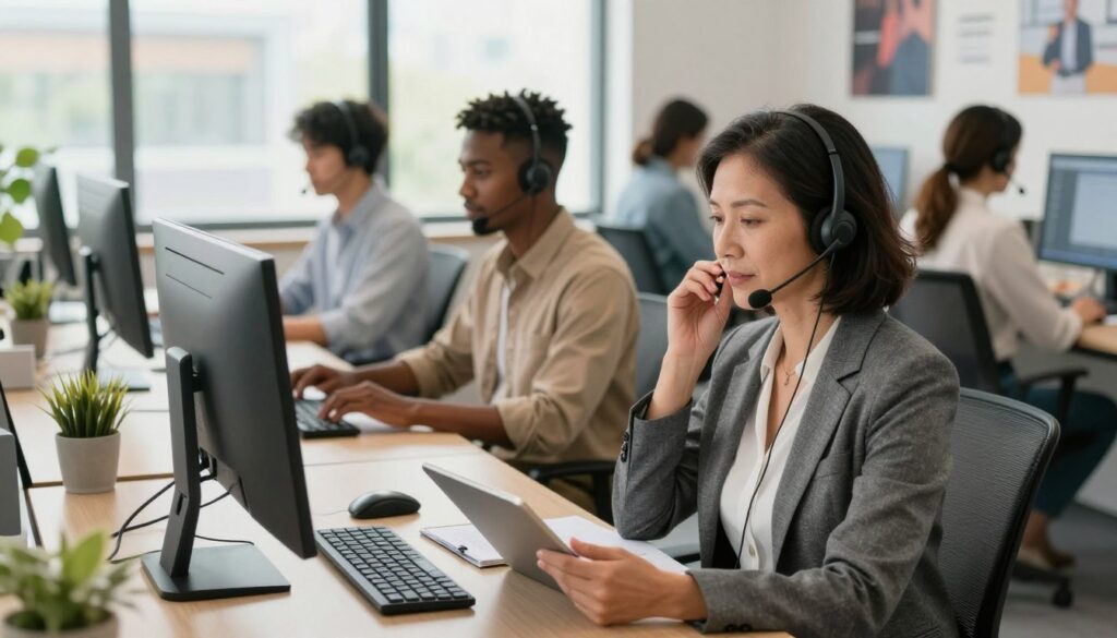A modern call center environment showcasing diverse professionals engaged in customer service. In the foreground, a focused middle-aged woman in professional business attire speaks on a headset, taking notes on a tablet. In the middle ground, several employees of various ethnicities work at sleek, organized desks, interacting with clients through computers. The background features a large window with natural light streaming in, brightening the space and enhancing a welcoming atmosphere. The office décor is contemporary, with soft color tones and motivational posters on the walls, creating a professional yet relaxed mood. Shot from a slightly elevated angle to capture the entire scene, with a warm, inviting glow that highlights teamwork and productivity. A modern call center environment showcasing diverse professionals engaged in customer service. In the foreground, a focused middle-aged woman in professional business attire speaks on a headset, taking notes on a tablet. In the middle ground, several employees of various ethnicities work at sleek, organized desks, interacting with clients through computers. The background features a large window with natural light streaming in, brightening the space and enhancing a welcoming atmosphere. The office décor is contemporary, with soft color tones and motivational posters on the walls, creating a professional yet relaxed mood. Shot from a slightly elevated angle to capture the entire scene, with a warm, inviting glow that highlights teamwork and productivity.