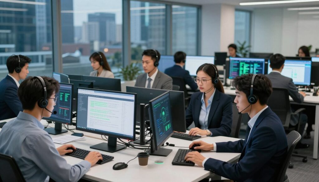 A modern call center environment showcasing emerging trends in 2026. In the foreground, a diverse group of professional agents in smart business attire are engaged in conversations, some utilizing advanced headsets and digital devices. In the middle, multiple high-tech workstations are equipped with sleek monitors displaying sophisticated analytics and AI tools, highlighting automation and customer engagement technologies. The background features a large glass window with a city skyline, emphasizing a bustling urban setting. Soft, ambient lighting creates an inviting atmosphere, while a dynamic color palette of blue and green suggests innovation and growth. The perspective is slightly elevated, capturing a sense of openness and collaboration in the workspace. A modern call center environment showcasing emerging trends in 2026. In the foreground, a diverse group of professional agents in smart business attire are engaged in conversations, some utilizing advanced headsets and digital devices. In the middle, multiple high-tech workstations are equipped with sleek monitors displaying sophisticated analytics and AI tools, highlighting automation and customer engagement technologies. The background features a large glass window with a city skyline, emphasizing a bustling urban setting. Soft, ambient lighting creates an inviting atmosphere, while a dynamic color palette of blue and green suggests innovation and growth. The perspective is slightly elevated, capturing a sense of openness and collaboration in the workspace.