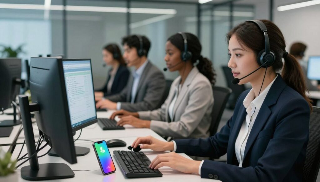 A modern call center environment with a focus on incoming calls. In the foreground, a sleek desk featuring a high-tech headset and a smartphone displaying a vibrant incoming call notification. In the middle ground, a diverse group of customer service representatives, dressed in professional business attire, engaged in conversations while looking at their computer screens that show call logs and customer information. The background features a contemporary office design with glass partitions and soft, diffused lighting creating a focused yet lively atmosphere. The angle captures both the energy of the workspace and the technology-driven essence of call center operations in 2026, reflecting innovation and professionalism in customer service. A modern call center environment with a focus on incoming calls. In the foreground, a sleek desk featuring a high-tech headset and a smartphone displaying a vibrant incoming call notification. In the middle ground, a diverse group of customer service representatives, dressed in professional business attire, engaged in conversations while looking at their computer screens that show call logs and customer information. The background features a contemporary office design with glass partitions and soft, diffused lighting creating a focused yet lively atmosphere. The angle captures both the energy of the workspace and the technology-driven essence of call center operations in 2026, reflecting innovation and professionalism in customer service.