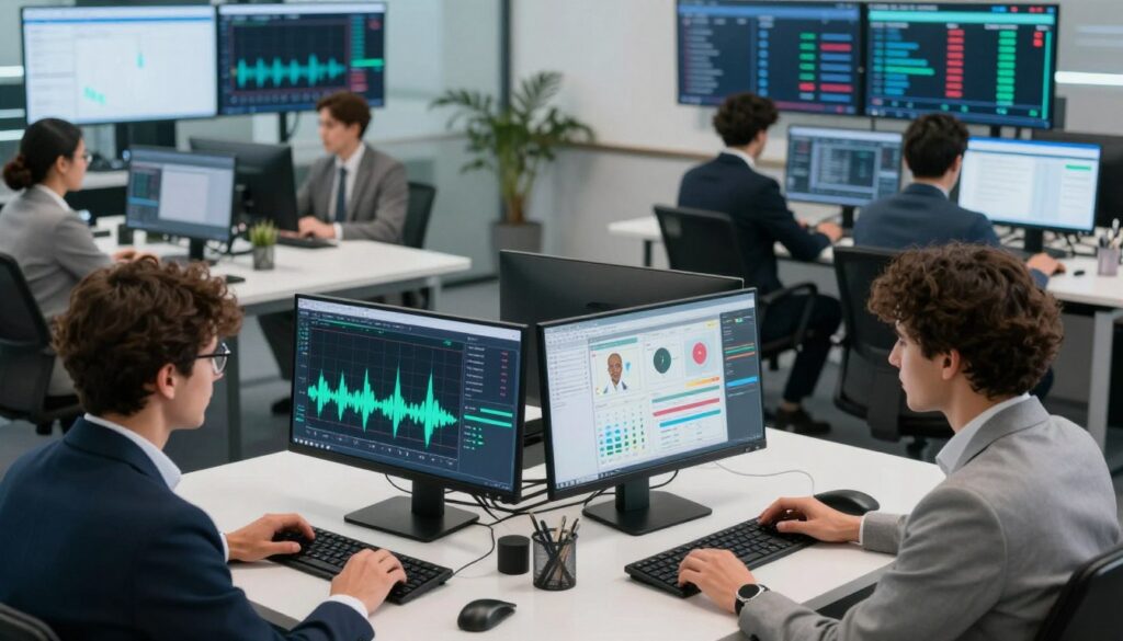A modern call center environment with professionals wearing business attire, engaged in analyzing speech data. In the foreground, a diverse team of three individuals—two men and one woman—interacting with advanced analytics software on sleek computers, showcasing visualizations of voice data such as spectrograms and charts. In the middle ground, additional team members collaborate around a large table with digital devices spread out, emphasizing teamwork in speech analytics. The background features a high-tech monitoring screen displaying live call data and metrics. The lighting is bright and focused, creating an energetic and professional atmosphere, captured from a slightly elevated angle to encompass the dynamic workspace.