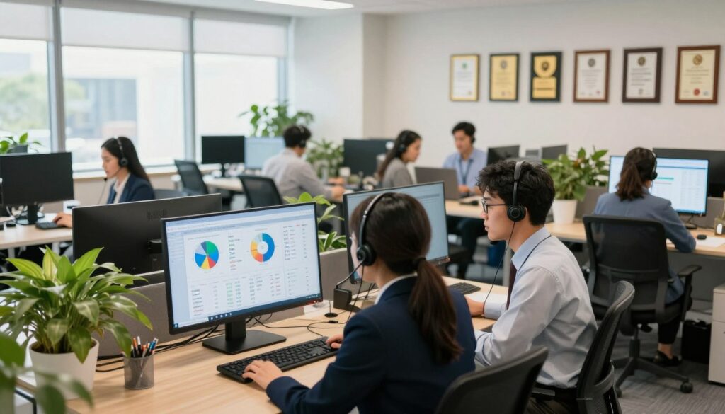A modern call center hub, showcasing a sleek, open-plan office environment filled with professionals engaged in their work. In the foreground, three diverse employees in professional business attire are collaborating over a large digital display screen that showcases analytics and SEO metrics. The middle ground features rows of modern desks with headsets, computers, and greenery, highlighting a thriving work atmosphere. Bright, natural lighting floods the space from large windows, creating a warm and welcoming vibe. The background reveals a wall adorned with awards and certifications, emphasizing authority and success in the call center industry. The camera angle is slightly elevated, giving a comprehensive view of the vibrant workspace. The overall mood is professional, focused, and dynamic, reflecting a thriving environment where authority is built through collaboration and expertise. A modern call center hub, showcasing a sleek, open-plan office environment filled with professionals engaged in their work. In the foreground, three diverse employees in professional business attire are collaborating over a large digital display screen that showcases analytics and SEO metrics. The middle ground features rows of modern desks with headsets, computers, and greenery, highlighting a thriving work atmosphere. Bright, natural lighting floods the space from large windows, creating a warm and welcoming vibe. The background reveals a wall adorned with awards and certifications, emphasizing authority and success in the call center industry. The camera angle is slightly elevated, giving a comprehensive view of the vibrant workspace. The overall mood is professional, focused, and dynamic, reflecting a thriving environment where authority is built through collaboration and expertise.