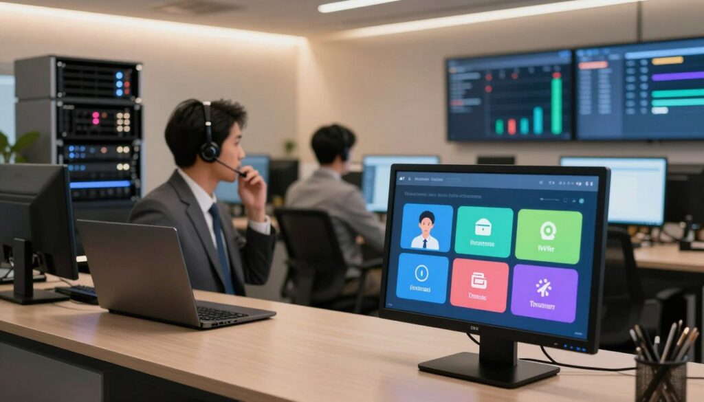 A modern call center interior showcasing an interactive voice response (IVR) system in action. In the foreground, a sleek digital screen displays a user-friendly IVR interface with vibrant buttons and icons representing different service options. The middle ground features a professional employee wearing business attire, attentively interacting with a headset, conveying engagement with a caller. In the background, high-tech call routing equipment is visible, along with a digital dashboard monitoring call flows and queue management. Soft, ambient lighting creates a warm atmosphere, while a wide-angle perspective emphasizes the seamless technology environment. The scene exudes efficiency and professionalism, ideal for depicting modern call center operations in a vibrant, engaging manner. A modern call center interior showcasing an interactive voice response (IVR) system in action. In the foreground, a sleek digital screen displays a user-friendly IVR interface with vibrant buttons and icons representing different service options. The middle ground features a professional employee wearing business attire, attentively interacting with a headset, conveying engagement with a caller. In the background, high-tech call routing equipment is visible, along with a digital dashboard monitoring call flows and queue management. Soft, ambient lighting creates a warm atmosphere, while a wide-angle perspective emphasizes the seamless technology environment. The scene exudes efficiency and professionalism, ideal for depicting modern call center operations in a vibrant, engaging manner.