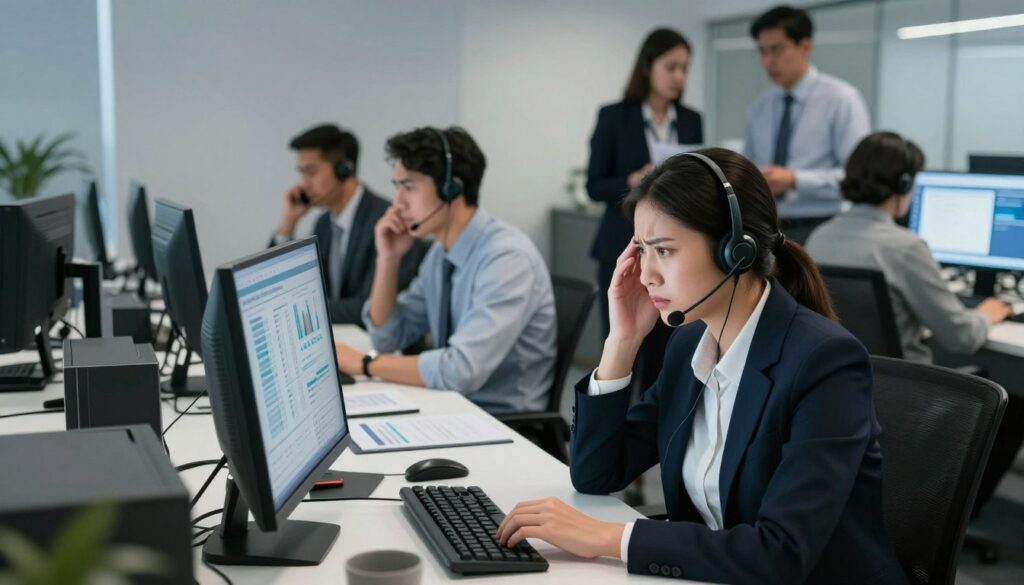A modern call center interior, showcasing the drawbacks of outsourcing. In the foreground, a stressed customer service representative in professional attire, sitting at a cluttered desk with a headset, displaying frustration while looking at a computer screen filled with complex graphs and charts. In the middle, visible colleagues around the room: some engaged in conversation, others appearing overwhelmed by calls, highlighting issues such as communication barriers and poor customer satisfaction. In the background, a partially visible management team discussing strategy with expressions of concern. The lighting is bright but harsh, casting stark shadows to enhance the tense atmosphere. Capture the sense of urgency and pressure in this bustling environment, shot from a slightly low angle to emphasize the weight of the situation. A modern call center interior, showcasing the drawbacks of outsourcing. In the foreground, a stressed customer service representative in professional attire, sitting at a cluttered desk with a headset, displaying frustration while looking at a computer screen filled with complex graphs and charts. In the middle, visible colleagues around the room: some engaged in conversation, others appearing overwhelmed by calls, highlighting issues such as communication barriers and poor customer satisfaction. In the background, a partially visible management team discussing strategy with expressions of concern. The lighting is bright but harsh, casting stark shadows to enhance the tense atmosphere. Capture the sense of urgency and pressure in this bustling environment, shot from a slightly low angle to emphasize the weight of the situation.