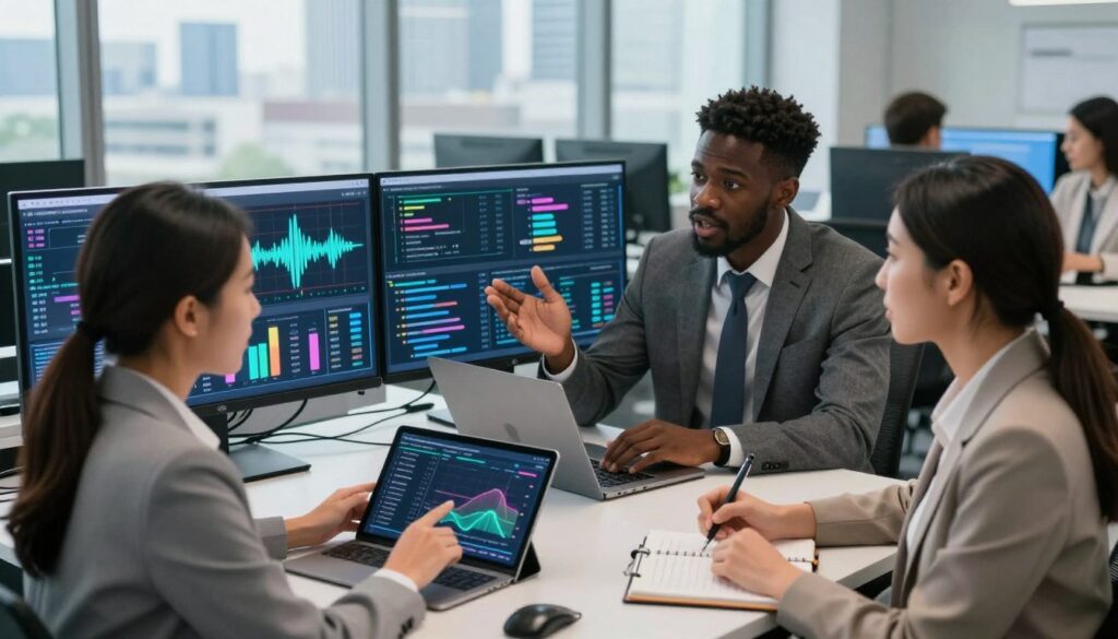 A modern call center office scene featuring a diverse group of three professionals in smart business attire, actively engaged in a discussion around advanced analytics displayed on digital screens. In the foreground, a woman of Asian descent analyzes real-time data graphs on a sleek tablet, while a Black man gestures animatedly, explaining insights. A white woman takes notes, using voice-to-text technology. The middle ground includes various high-tech screens projecting colorful, interactive graphs, voice waveforms, and AI chat summaries, reflecting the theme of conversational intelligence. In the background, large windows showcase a city skyline, adding depth. Soft, bright lighting emphasizes a forward-thinking atmosphere, conveying innovation and collaboration, captured from a slightly elevated angle for a dynamic perspective. A modern call center office scene featuring a diverse group of three professionals in smart business attire, actively engaged in a discussion around advanced analytics displayed on digital screens. In the foreground, a woman of Asian descent analyzes real-time data graphs on a sleek tablet, while a Black man gestures animatedly, explaining insights. A white woman takes notes, using voice-to-text technology. The middle ground includes various high-tech screens projecting colorful, interactive graphs, voice waveforms, and AI chat summaries, reflecting the theme of conversational intelligence. In the background, large windows showcase a city skyline, adding depth. Soft, bright lighting emphasizes a forward-thinking atmosphere, conveying innovation and collaboration, captured from a slightly elevated angle for a dynamic perspective.