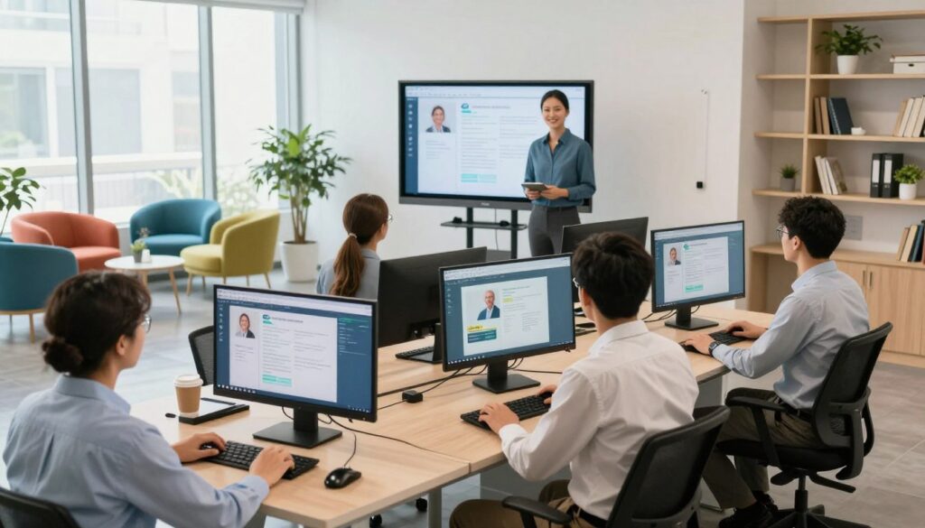 A modern call center training room showcasing personalized training experiences for new agents. In the foreground, a diverse group of four agents attentively engage with a tailored training module on their screens, featuring informative visuals. Each agent is dressed in professional business attire, showcasing inclusivity. In the middle ground, a trainer stands beside a smart whiteboard displaying interactive training materials, emphasizing a collaborative atmosphere. The background features a bright, open space with large windows letting in natural light, highlighting modern furniture and vibrant colors that create an inviting environment. The overall mood is focused and supportive, with an emphasis on adaptability and personal growth in a professional setting. The angle is slightly elevated, capturing the dynamism of the training session.