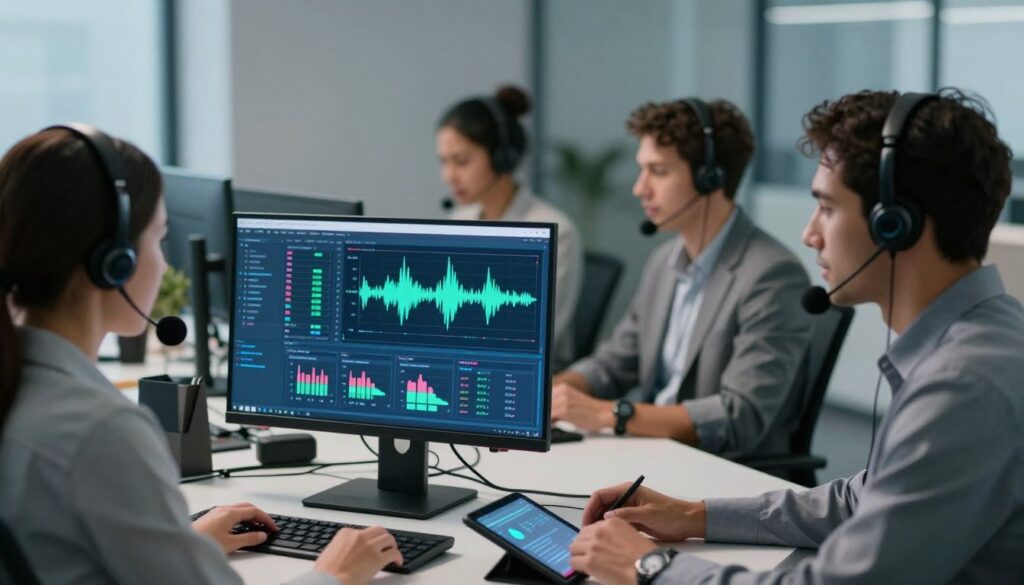 A modern call center workspace, featuring a diverse group of three professionals, one woman and two men, engaged in real-time speech analytics. The foreground shows a sleek, high-tech computer monitor displaying colorful visualizations of speech data, such as waveforms and sentiment analysis charts. The middle ground includes a contemporary desk with microphones, headsets, and a digital tablet. In the background, blurred images of other team members collaborating, with soft office lighting creating a productive and focused atmosphere. Use a shallow depth of field to emphasize the analytics display. The color palette should be cool and professional, with hints of blue and green to evoke technological advancement, conveying an innovative and efficient mood in the scene.