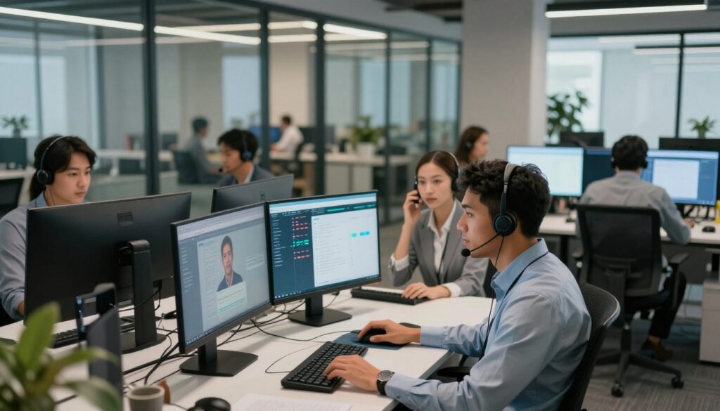 A modern contact center environment showcasing agents at work in a sleek, tech-savvy office. In the foreground, two diverse agents in professional attire are engaged in conversation using headsets, looking attentive and focused. The middle layer features high-tech workstations with multiple screens displaying call metrics and omnichannel communications, blending voice and digital interactions. In the background, a large glass wall reveals a bustling team collaboration space, illuminated by soft, natural light filtering in. The mood should be dynamic and professional, with a hint of modern innovation. Use a wide-angle lens perspective to capture the open office layout, emphasizing an atmosphere of teamwork and cutting-edge technology. A modern contact center environment showcasing agents at work in a sleek, tech-savvy office. In the foreground, two diverse agents in professional attire are engaged in conversation using headsets, looking attentive and focused. The middle layer features high-tech workstations with multiple screens displaying call metrics and omnichannel communications, blending voice and digital interactions. In the background, a large glass wall reveals a bustling team collaboration space, illuminated by soft, natural light filtering in. The mood should be dynamic and professional, with a hint of modern innovation. Use a wide-angle lens perspective to capture the open office layout, emphasizing an atmosphere of teamwork and cutting-edge technology.