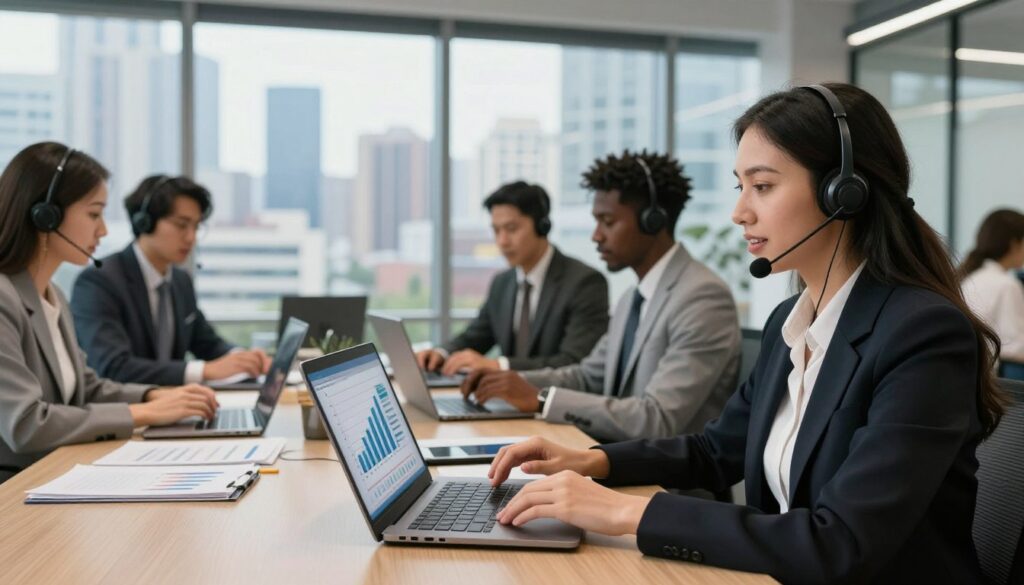 A modern corporate office environment featuring a diverse team of professionals engaged in a video conference call. In the foreground, a confident woman in business attire is speaking into her headset, with a laptop open in front of her displaying graphs and statistics indicating efficiency and cost-effectiveness. In the middle, colleagues of various ethnic backgrounds collaborate around a large table with documents and digital devices, showcasing a vibrant teamwork atmosphere. The background shows large windows with a city skyline, symbolizing global outreach. Soft, natural lighting filters in, creating a warm and motivating ambiance. The overall mood conveys professionalism, collaboration, and the benefits of outsourcing call center operations. A modern corporate office environment featuring a diverse team of professionals engaged in a video conference call. In the foreground, a confident woman in business attire is speaking into her headset, with a laptop open in front of her displaying graphs and statistics indicating efficiency and cost-effectiveness. In the middle, colleagues of various ethnic backgrounds collaborate around a large table with documents and digital devices, showcasing a vibrant teamwork atmosphere. The background shows large windows with a city skyline, symbolizing global outreach. Soft, natural lighting filters in, creating a warm and motivating ambiance. The overall mood conveys professionalism, collaboration, and the benefits of outsourcing call center operations.
