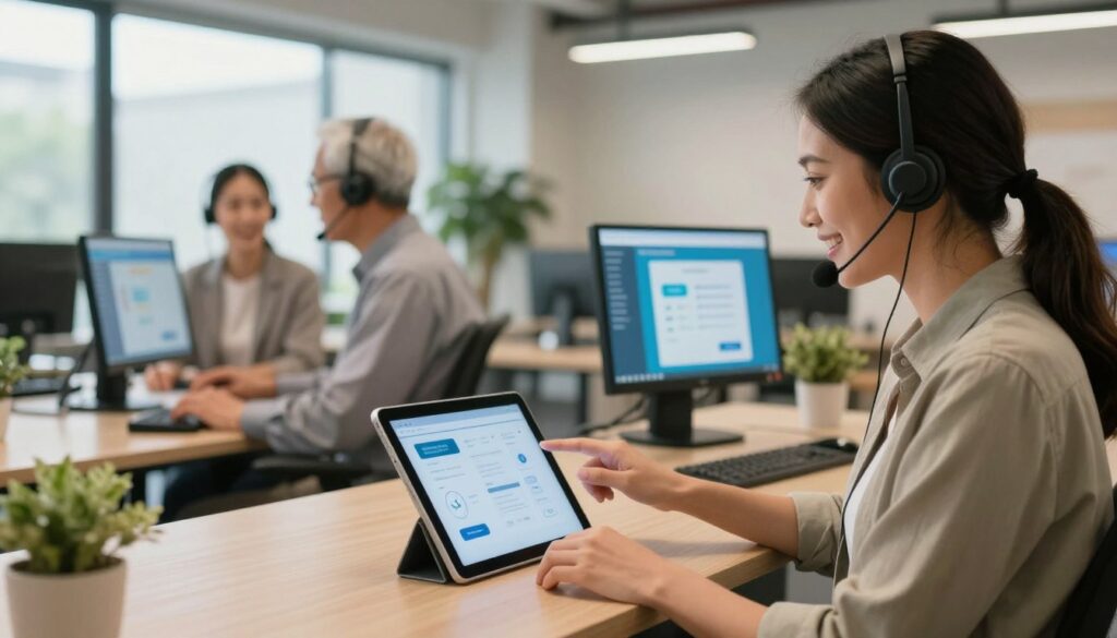 A modern customer service center featuring a diverse group of professionals engaged in various self-service digital tools and virtual interfaces. In the foreground, a friendly customer service representative in smart casual attire assists a client via a sleek tablet, showcasing a human touch amid advanced technology. In the middle ground, two individuals, one elderly and one young professional, utilize user-friendly kiosks, illustrating seamless self-service options. The background captures a bright, open office space with contemporary furnishings, large windows letting in natural light, and greenery. The atmosphere feels warm and inviting, highlighting a harmonious blend of technology and human connection, with soft, diffused lighting to enhance a reassuring and futuristic mood. A modern customer service center featuring a diverse group of professionals engaged in various self-service digital tools and virtual interfaces. In the foreground, a friendly customer service representative in smart casual attire assists a client via a sleek tablet, showcasing a human touch amid advanced technology. In the middle ground, two individuals, one elderly and one young professional, utilize user-friendly kiosks, illustrating seamless self-service options. The background captures a bright, open office space with contemporary furnishings, large windows letting in natural light, and greenery. The atmosphere feels warm and inviting, highlighting a harmonious blend of technology and human connection, with soft, diffused lighting to enhance a reassuring and futuristic mood.
