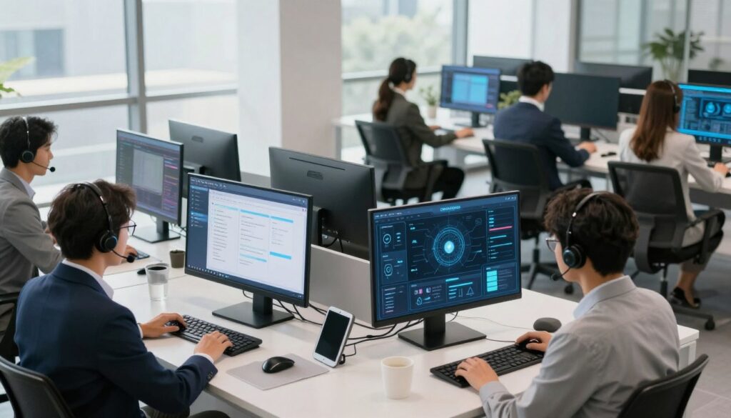 A modern customer service environment showcasing the real-world applications of AI. In the foreground, a diverse team of professionals in business attire is engaging with advanced AI technology, such as interactive chatbots displayed on large screens. In the middle, a sleek, high-tech contact center is visible, where human agents collaborate with AI-driven analytics tools and visual dashboards. The background features a modern office space with large windows allowing natural light to flood the area, creating a bright and inviting atmosphere. Soft shadows enhance the professional yet approachable mood. The angle of the view is slightly elevated, capturing the dynamic interaction between human agents and AI technology, emphasizing teamwork and innovation in customer service.