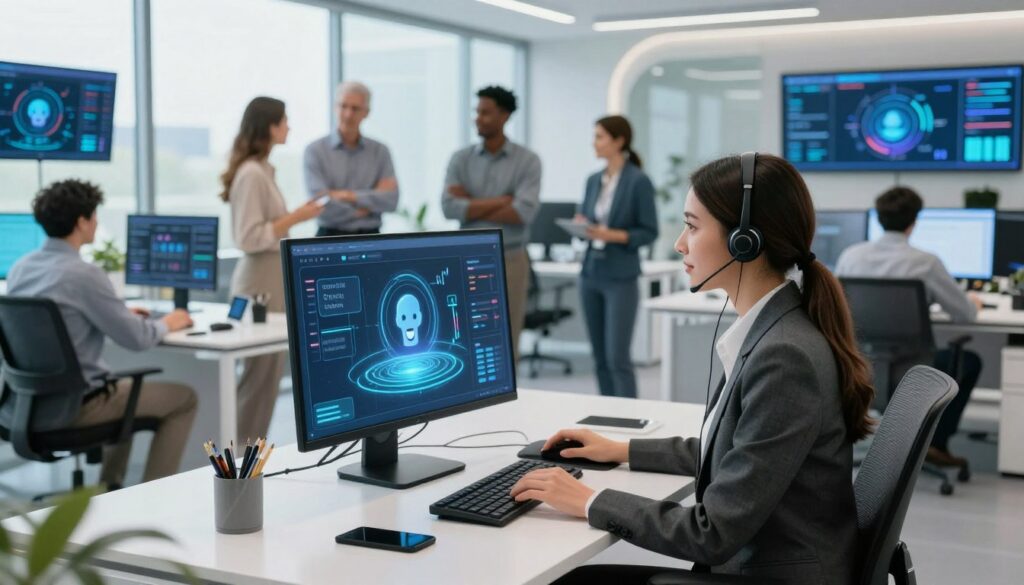 A modern customer service office scene depicting the rise of AI. In the foreground, a professional woman in business attire sits at a sleek desk, interacting with a sophisticated chatbot displayed on her computer screen, showing a friendly interface with visual algorithms represented as glowing lines. In the middle, a diverse group of employees engage in dynamic discussions around a table filled with digital devices. The background showcases a futuristic workplace with large windows, allowing natural light to spill in, illuminating high-tech elements like digital screens displaying AI analytics. The atmosphere is vibrant and innovative, symbolizing collaboration between humans and technology, set in a clean and organized environment. The lighting is bright and inviting, emphasizing the positive impact of AI in customer support.