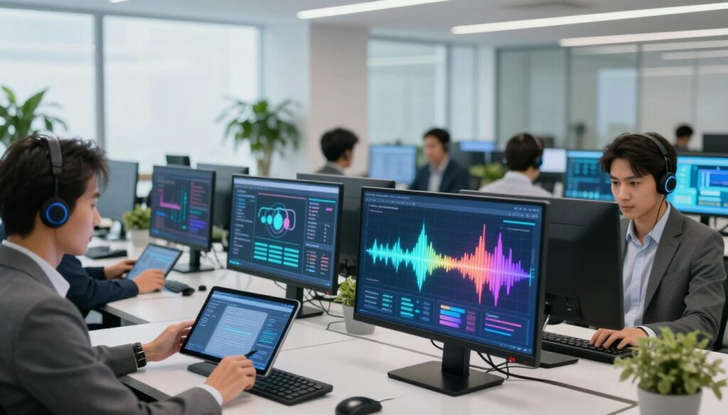 A modern, high-tech contact center featuring several AI voice agents in action. In the foreground, a sleek desktop interface displays vibrant, colorful waveforms representing voice interaction. To the left, a professional, diverse group of employees dressed in business attire collaborates around digital tablets, analyzing data and engaging with AI tools. In the middle ground, transparent screens reveal visualized data processing and automated workflows, demonstrating the efficiency of AI agents. The background showcases a bright, futuristic office space with soft, diffused lighting that highlights the advanced technology and filled with green plants for a touch of nature. The overall atmosphere is dynamic and innovative, capturing the essence of automation and AI's role in transforming customer service. A modern, high-tech contact center featuring several AI voice agents in action. In the foreground, a sleek desktop interface displays vibrant, colorful waveforms representing voice interaction. To the left, a professional, diverse group of employees dressed in business attire collaborates around digital tablets, analyzing data and engaging with AI tools. In the middle ground, transparent screens reveal visualized data processing and automated workflows, demonstrating the efficiency of AI agents. The background showcases a bright, futuristic office space with soft, diffused lighting that highlights the advanced technology and filled with green plants for a touch of nature. The overall atmosphere is dynamic and innovative, capturing the essence of automation and AI's role in transforming customer service.