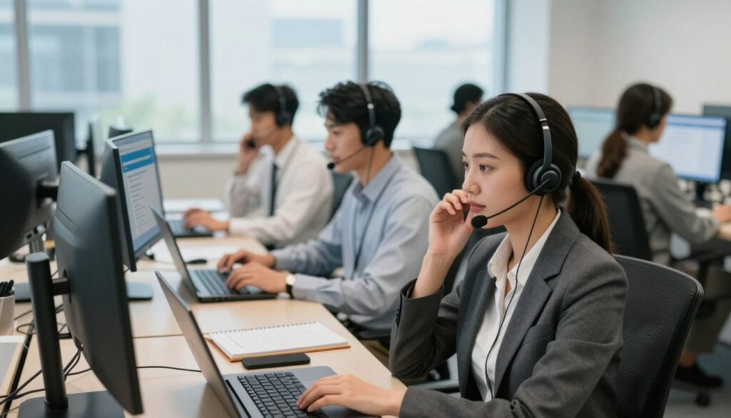 A modern inbound call center environment, featuring a diverse team of 3-5 employees engaged in phone conversations. In the foreground, a woman in professional attire is intently speaking into a headset, with a focused expression. To her left, a man is typing notes on a laptop, also dressed in business attire. The middle ground shows additional team members collaborating, surrounded by modern office equipment, with computers displaying customer information. The background reveals a spacious office filled with sleek, ergonomic furniture and large windows allowing natural light to flood the space. The atmosphere is dynamic yet professional, emphasizing teamwork and communication. The lighting is bright and inviting, creating a positive work environment. The image captures an overall sense of efficiency and professionalism in inbound call center operations. A modern inbound call center environment, featuring a diverse team of 3-5 employees engaged in phone conversations. In the foreground, a woman in professional attire is intently speaking into a headset, with a focused expression. To her left, a man is typing notes on a laptop, also dressed in business attire. The middle ground shows additional team members collaborating, surrounded by modern office equipment, with computers displaying customer information. The background reveals a spacious office filled with sleek, ergonomic furniture and large windows allowing natural light to flood the space. The atmosphere is dynamic yet professional, emphasizing teamwork and communication. The lighting is bright and inviting, creating a positive work environment. The image captures an overall sense of efficiency and professionalism in inbound call center operations.