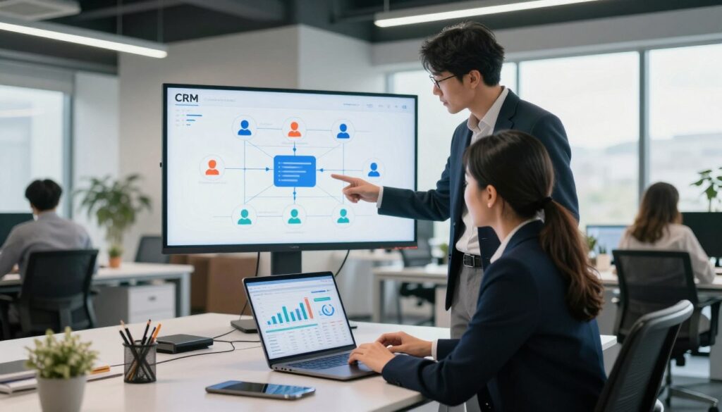 A modern office environment depicting a seamless CRM integration in action. In the foreground, a professional woman in business attire is focused on a sleek laptop displaying dynamic graphs and customer data. She is engaged in a discussion with a colleague, also in professional attire, who is pointing towards the screen, highlighting key metrics. The middle ground features a large, digital display board showing a flowchart of customer interactions and CRM software icons, illustrating integration with communication tools. The background captures a stylish, open-plan office filled with soft, natural light filtering through large windows. The overall mood is collaborative and innovative, reflecting the importance of CRM in enhancing customer relationships in today’s business landscape. The image is bright and well-lit, with a wide-angle perspective to capture the full scope of the office.