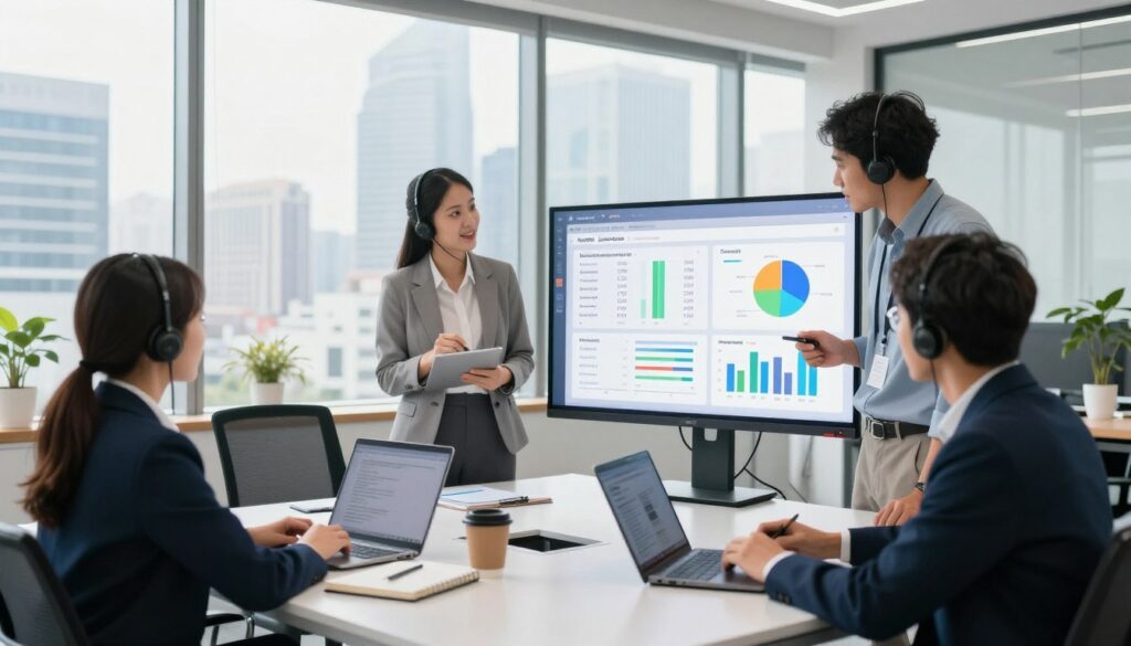 A modern office environment focusing on call center keyword research. In the foreground, a diverse group of three professionals dressed in smart business attire, collaborating over a large digital screen filled with colorful charts and graphs related to keyword data and SEO metrics. In the middle ground, a sleek conference table with laptops, notebooks, and a few coffee cups, suggesting an engaging brainstorming session. The background features floor-to-ceiling windows showing a city skyline, letting in bright, natural light that creates a productive and optimistic atmosphere. The overall mood is dynamic and focused, reflecting the importance of strategic planning in SEO for call center websites. Capture the scene with a wide-angle lens to emphasize collaboration and the vibrant office space. A modern office environment focusing on call center keyword research. In the foreground, a diverse group of three professionals dressed in smart business attire, collaborating over a large digital screen filled with colorful charts and graphs related to keyword data and SEO metrics. In the middle ground, a sleek conference table with laptops, notebooks, and a few coffee cups, suggesting an engaging brainstorming session. The background features floor-to-ceiling windows showing a city skyline, letting in bright, natural light that creates a productive and optimistic atmosphere. The overall mood is dynamic and focused, reflecting the importance of strategic planning in SEO for call center websites. Capture the scene with a wide-angle lens to emphasize collaboration and the vibrant office space.