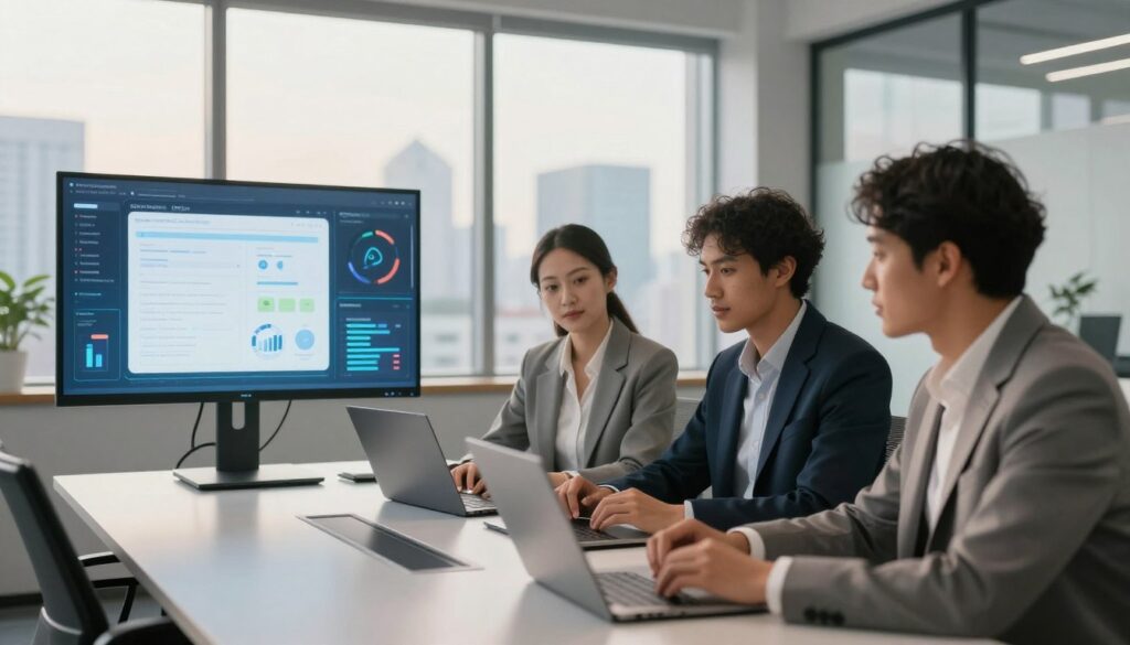 A modern office environment illustrates "agent-assisted automation." In the foreground, a diverse team of three professionals, dressed in smart business attire, collaborates around a sleek conference table, engaging with advanced technology. Their expressions convey focus and teamwork. The middle ground features interactive digital interfaces displaying data analytics, task automation, and AI assistance, subtly highlighting the blend of human effort and technology. In the background, large windows let in soft, natural light, casting a warm ambiance and showcasing a city skyline. The overall mood is one of productivity and innovation, emphasizing harmony between human initiative and automated systems, captured in a slightly elevated angle to provide depth and perspective. A modern office environment illustrates "agent-assisted automation." In the foreground, a diverse team of three professionals, dressed in smart business attire, collaborates around a sleek conference table, engaging with advanced technology. Their expressions convey focus and teamwork. The middle ground features interactive digital interfaces displaying data analytics, task automation, and AI assistance, subtly highlighting the blend of human effort and technology. In the background, large windows let in soft, natural light, casting a warm ambiance and showcasing a city skyline. The overall mood is one of productivity and innovation, emphasizing harmony between human initiative and automated systems, captured in a slightly elevated angle to provide depth and perspective.