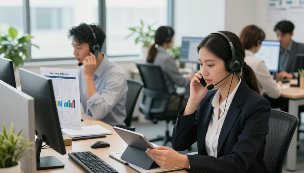 A modern office environment showcasing a diverse group of professionals engaged in different types of inbound and outbound calls. In the foreground, a focused customer service representative in business attire is attentively speaking on the phone, with a headset on, taking notes on a digital tablet. To the left, another employee is making an outbound call, surrounded by charts and call lists, conveying a sense of urgency and productivity. The background features a bright, open workspace filled with partitions, computer monitors displaying data analytics, and a plant for a touch of liveliness. Soft, natural lighting streams through large windows, creating an inviting atmosphere that emphasizes teamwork and communication. Emphasize clarity in expressions and a collaborative mood, ensuring the image reflects the essence of call center activities. A modern office environment showcasing a diverse group of professionals engaged in different types of inbound and outbound calls. In the foreground, a focused customer service representative in business attire is attentively speaking on the phone, with a headset on, taking notes on a digital tablet. To the left, another employee is making an outbound call, surrounded by charts and call lists, conveying a sense of urgency and productivity. The background features a bright, open workspace filled with partitions, computer monitors displaying data analytics, and a plant for a touch of liveliness. Soft, natural lighting streams through large windows, creating an inviting atmosphere that emphasizes teamwork and communication. Emphasize clarity in expressions and a collaborative mood, ensuring the image reflects the essence of call center activities.