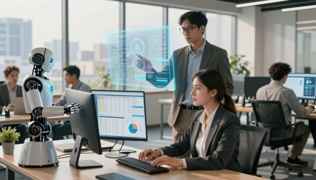 A modern office environment showcasing a diverse team of professionals engaged in agent-assisted automation. In the foreground, a female business analyst in professional attire is collaborating with a robotic assistant as they analyze data on a sleek computer. In the middle ground, a male team member in a blazer is interacting with a digital interface projected in mid-air, displaying graphs and workflows. The background features large windows with natural light flooding in, casting soft shadows, and a city skyline visible outside, symbolizing growth and connectivity. The atmosphere conveys focus and innovation, emphasizing teamwork and productivity, with warm tones balancing a high-tech ambience. Use a slightly elevated camera angle to capture the dynamic interactions and blend of human and technological elements. A modern office environment showcasing a diverse team of professionals engaged in agent-assisted automation. In the foreground, a female business analyst in professional attire is collaborating with a robotic assistant as they analyze data on a sleek computer. In the middle ground, a male team member in a blazer is interacting with a digital interface projected in mid-air, displaying graphs and workflows. The background features large windows with natural light flooding in, casting soft shadows, and a city skyline visible outside, symbolizing growth and connectivity. The atmosphere conveys focus and innovation, emphasizing teamwork and productivity, with warm tones balancing a high-tech ambience. Use a slightly elevated camera angle to capture the dynamic interactions and blend of human and technological elements.