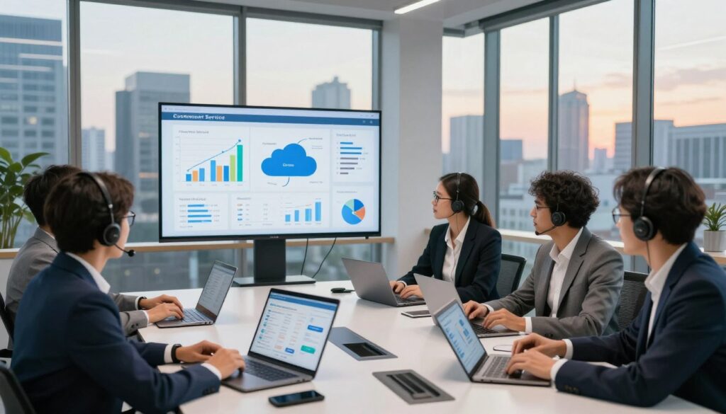 A modern office environment showcasing advanced customer service technology. In the foreground, a diverse team of professionals in business attire is engaged around a sleek conference table filled with laptops, tablets, and cloud-based software interfaces visible on their screens. The middle ground features a large digital monitor displaying graphs and analytics related to call center performance, illustrating the comparison between cloud-based and on-premise solutions. In the background, tall windows offer a panoramic view of a bustling cityscape bathed in soft afternoon light, creating a motivational and innovative atmosphere. The scene captures the essence of decision-making in modern customer service, with a focus on collaboration and technology. Use vibrant colors and a sharp focus, shot from a slightly elevated angle to encompass the entire team engaged in discussion.