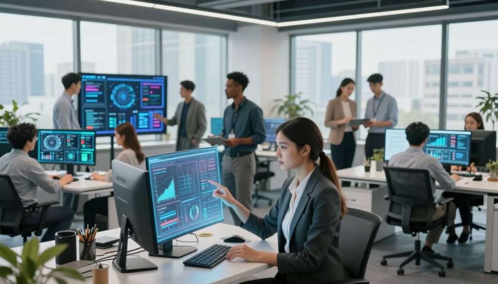 A modern office environment showcasing agent assist technology in action, with a diverse team of professionals collaborating over digital interfaces. In the foreground, a focused businesswoman in professional attire interacts with a holographic display, analyzing data. The middle ground features a diverse group of colleagues discussing insights, surrounded by advanced AI tools and large screens showing real-time analytics. In the background, large windows reveal an urban skyline, bathed in soft natural light that creates a positive and energetic atmosphere. The scene conveys innovation and teamwork, emphasizing productivity and efficiency without losing the human touch. Use a wide-angle lens for a dynamic perspective, capturing the vibrancy and synergy among team members. A modern office environment showcasing agent assist technology in action, with a diverse team of professionals collaborating over digital interfaces. In the foreground, a focused businesswoman in professional attire interacts with a holographic display, analyzing data. The middle ground features a diverse group of colleagues discussing insights, surrounded by advanced AI tools and large screens showing real-time analytics. In the background, large windows reveal an urban skyline, bathed in soft natural light that creates a positive and energetic atmosphere. The scene conveys innovation and teamwork, emphasizing productivity and efficiency without losing the human touch. Use a wide-angle lens for a dynamic perspective, capturing the vibrancy and synergy among team members.